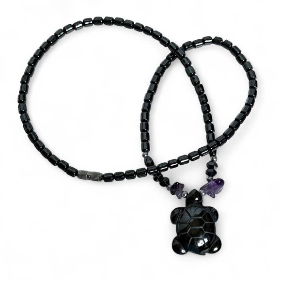 Hematite Bead Necklace with Turtle Pendant Amethyst - Picture 1 of 7